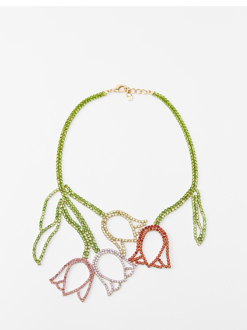 Floral Crystal Statement Necklace - Green with Multicolor Tulip Accents